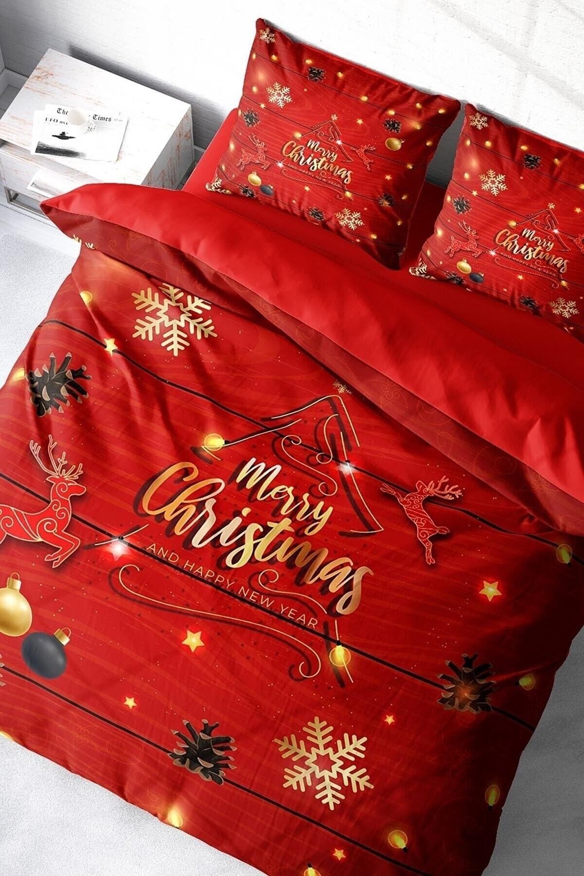 KING SIZE Yılbaşı Süsü Pine Tree Deers Noel %100 Pamuk Saten 3d Çift Kişilik Nevresim Takımı