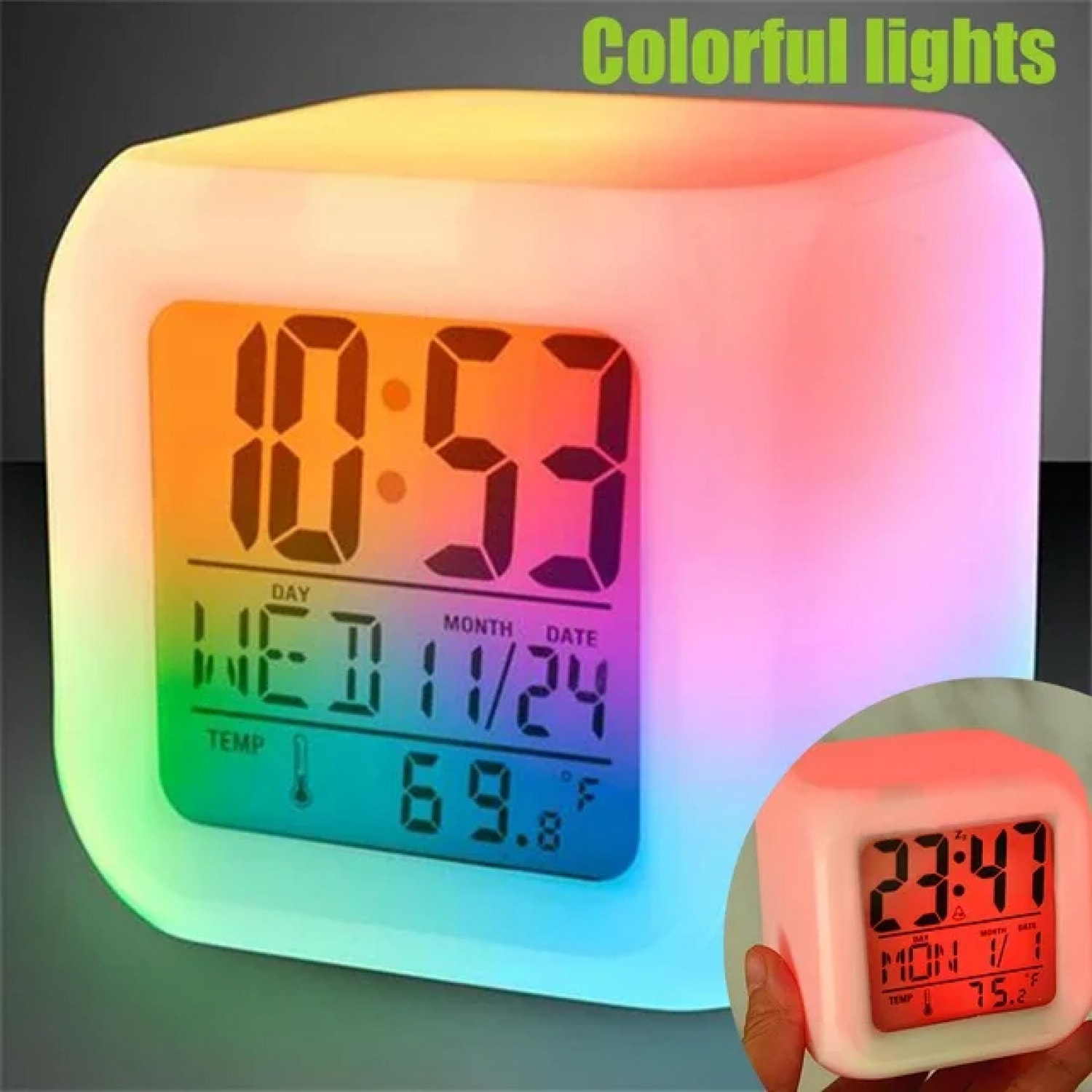 LED Dijital Renkli Masa Saati Alarm Termometre Tarih Masaüstü Saat (4887)