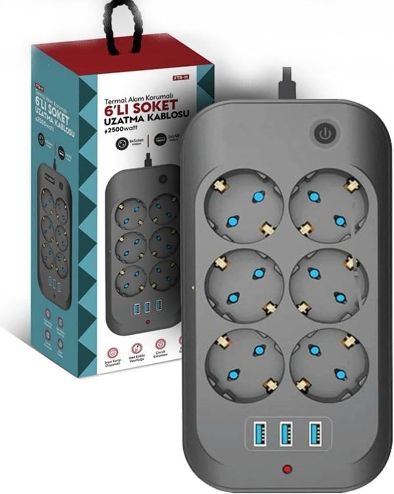 Termal Akım Korumalı Çocuk Korumalı 6'lı 2 mt Uzatma Kablosu 6 x Priz, 3 x USB - Ftr-11