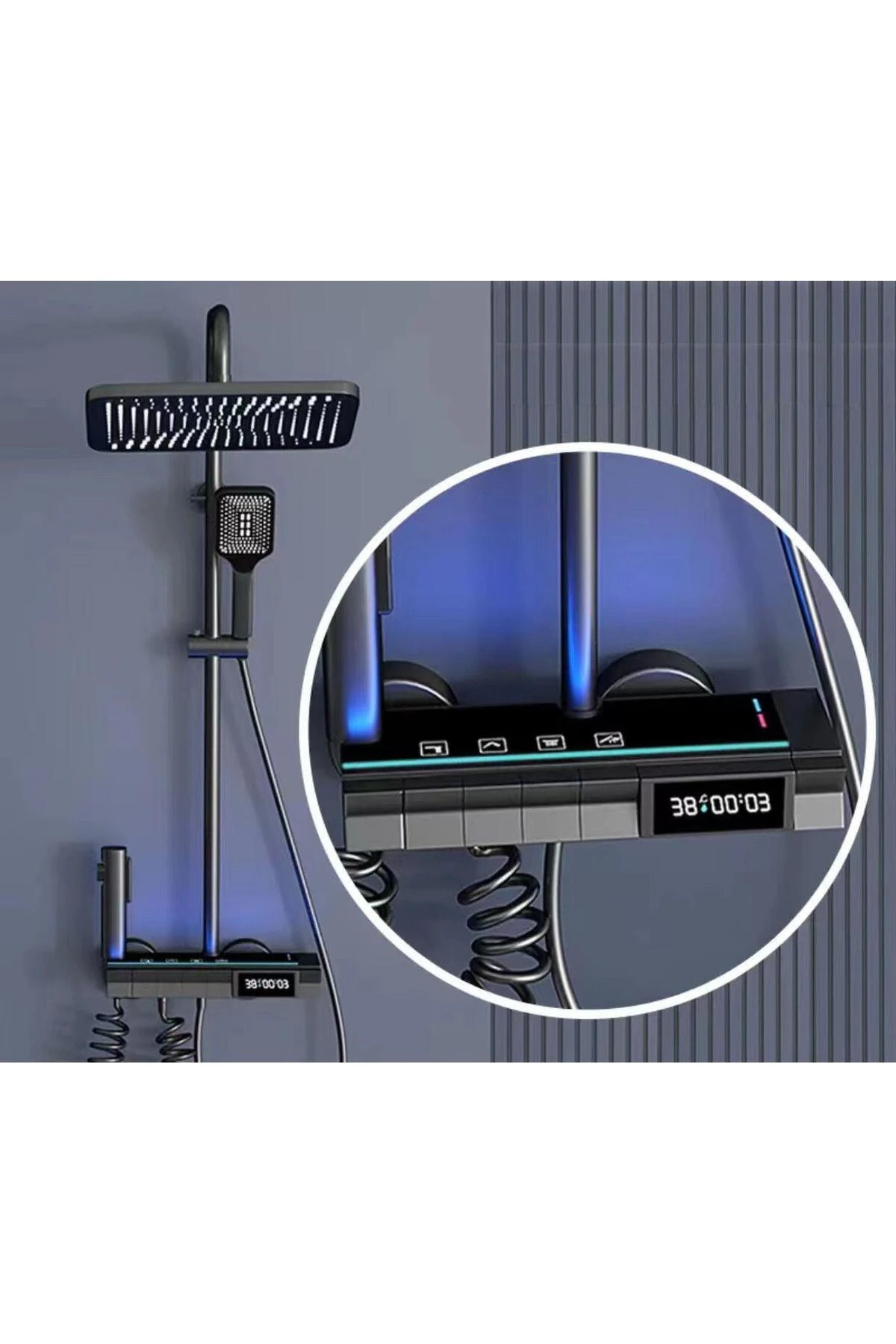 Antrasit Dijital Led Işıklı Fonksiyonel Tepe Duşlu Piyano Sürgülü Duş ve Batarya Takımı