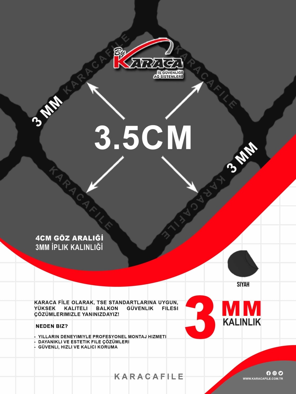Kedi Balkon Güvenlik Filesi – 1.5 M Yükseklik | Metreyle Kesim | 3 mm Ip, 3.5x3.5 cm Göz Aralığı + Montaj Aparatları (Siyah)