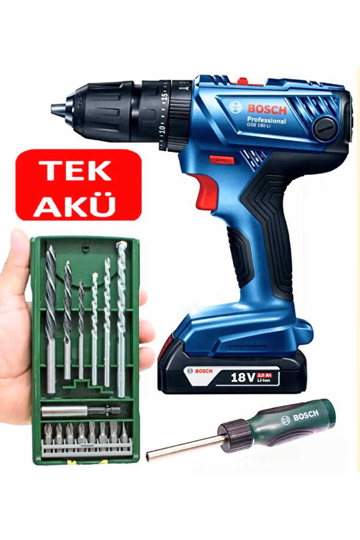 BOSCH Gsb 180 Li Darbeli Matkap Vidalama (TEK AKÜ)ve 16 Parça Uç Seti