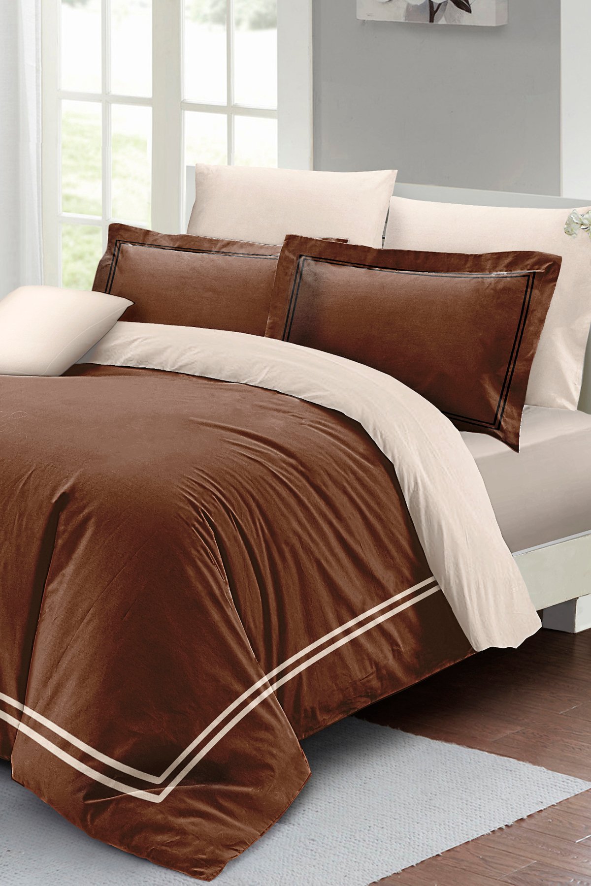 Kıng Sıze Çift Kişilik Nevresim Takımı %100 Luxury Pamuk Saten Coffee 220x240cm
