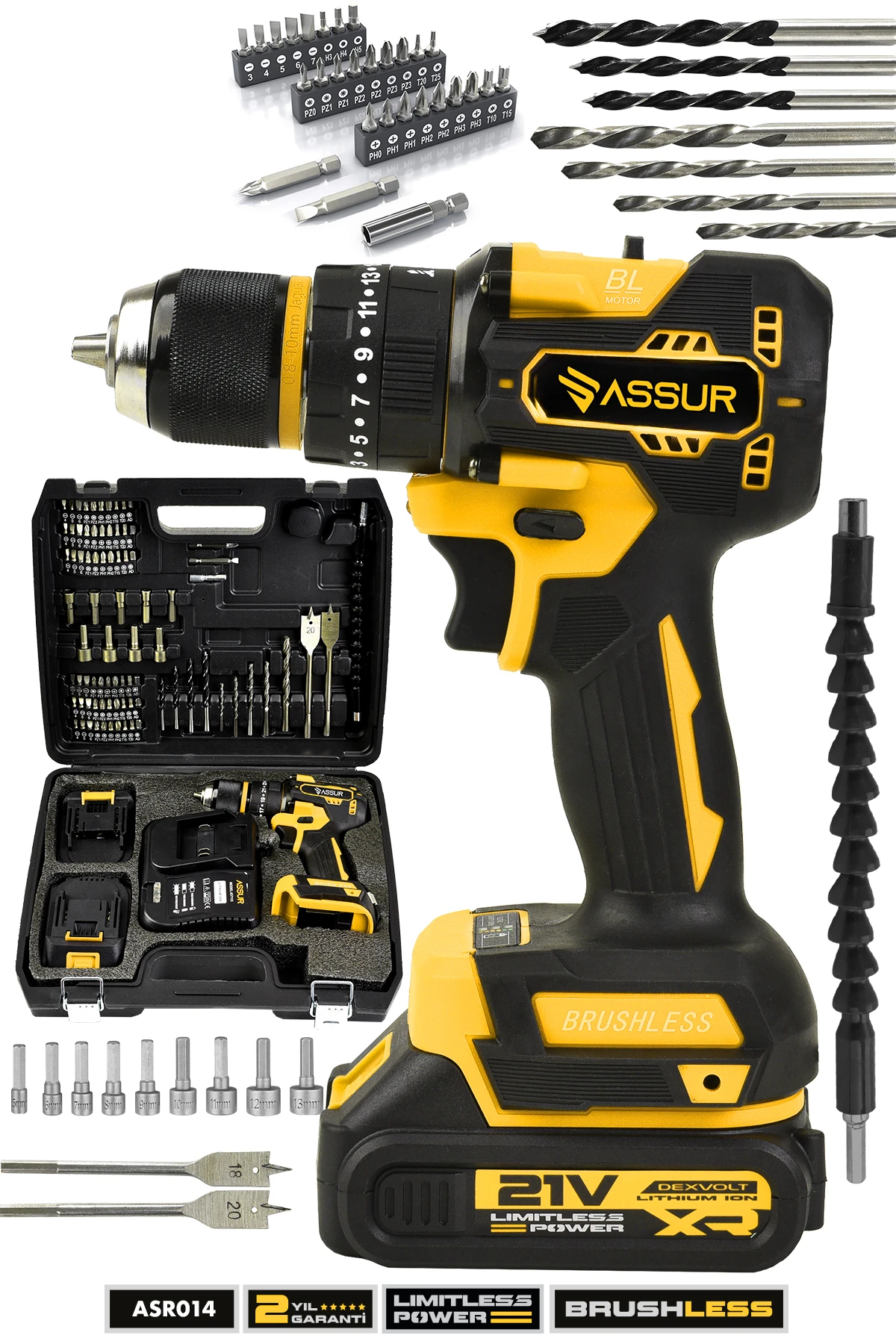 21v Bakır Sargı Kömürsüz Motor Çelik Mandren Darbeli Şarjlı Matkap Akülü Vidalama