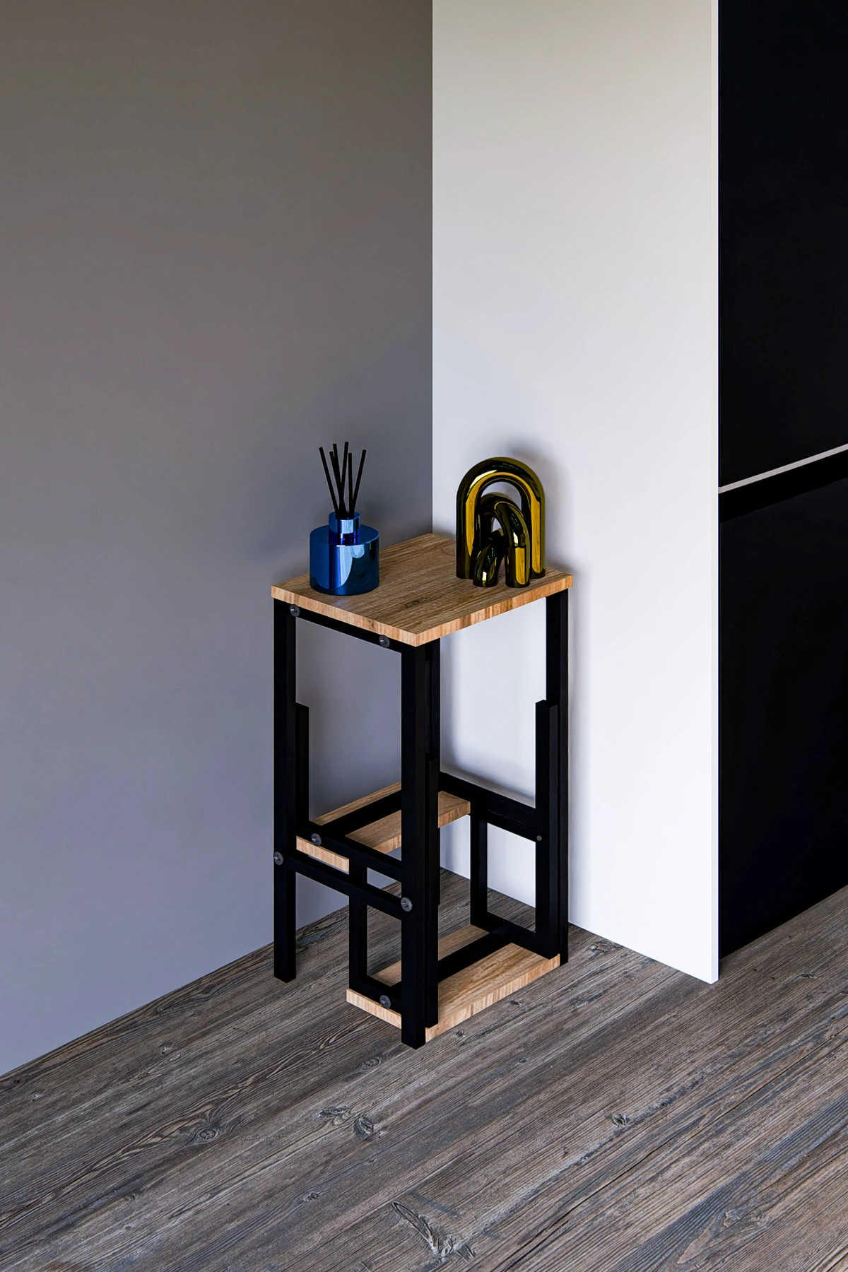 PRATA Katlanabillir Metal Ahşap Basamaklı Tabure Merdiven Sehpa Çiçeklik Çok Amaçlı Tabure