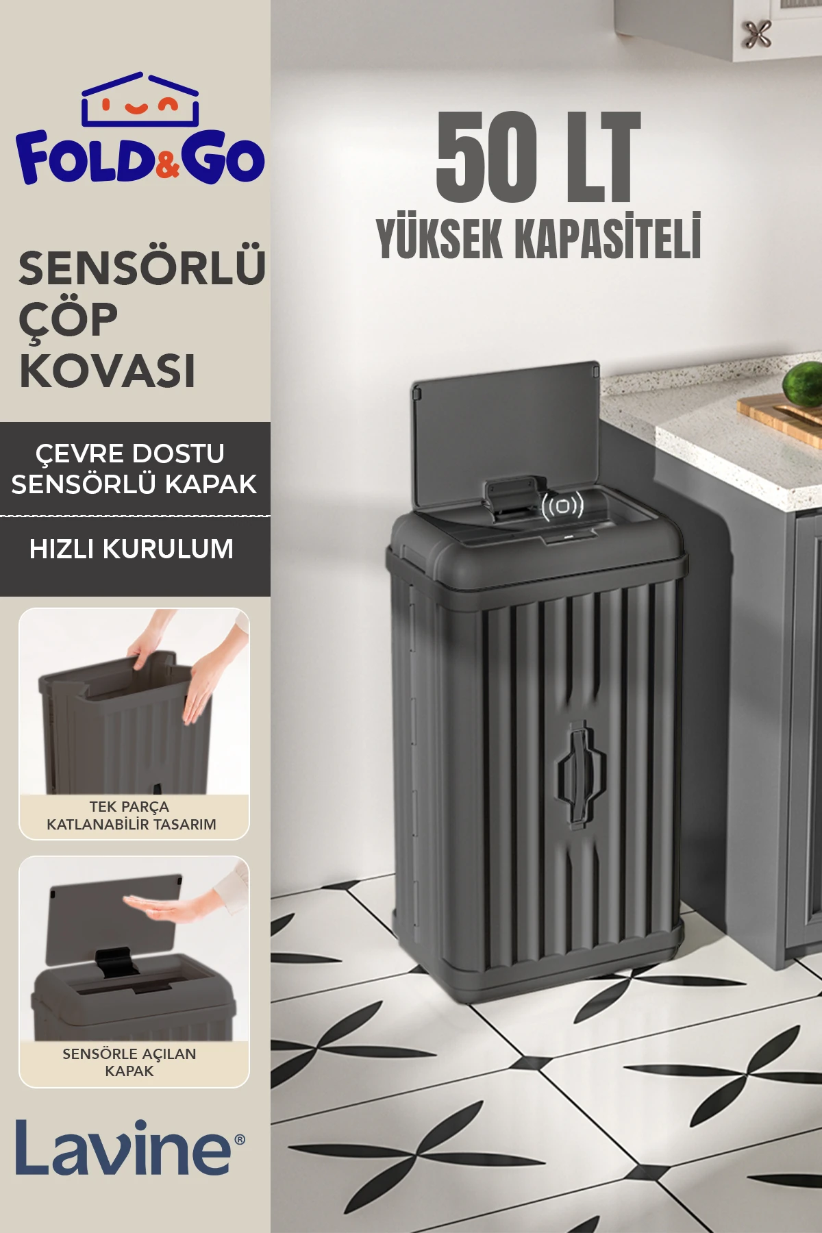 Lavine 50 Lt Sensörlü Çöp Kovası Portatif Katlanabilir Büyük Boy Premium ”antrasit”