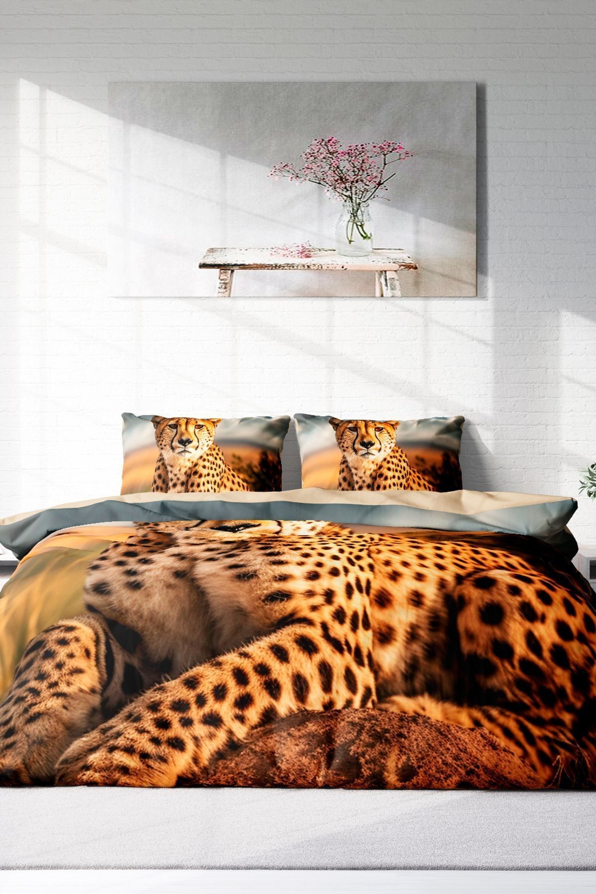 Leopar Çift Kişilik Nevresim Takımı Özel Dokuma Pamuk Saten Cheetah
