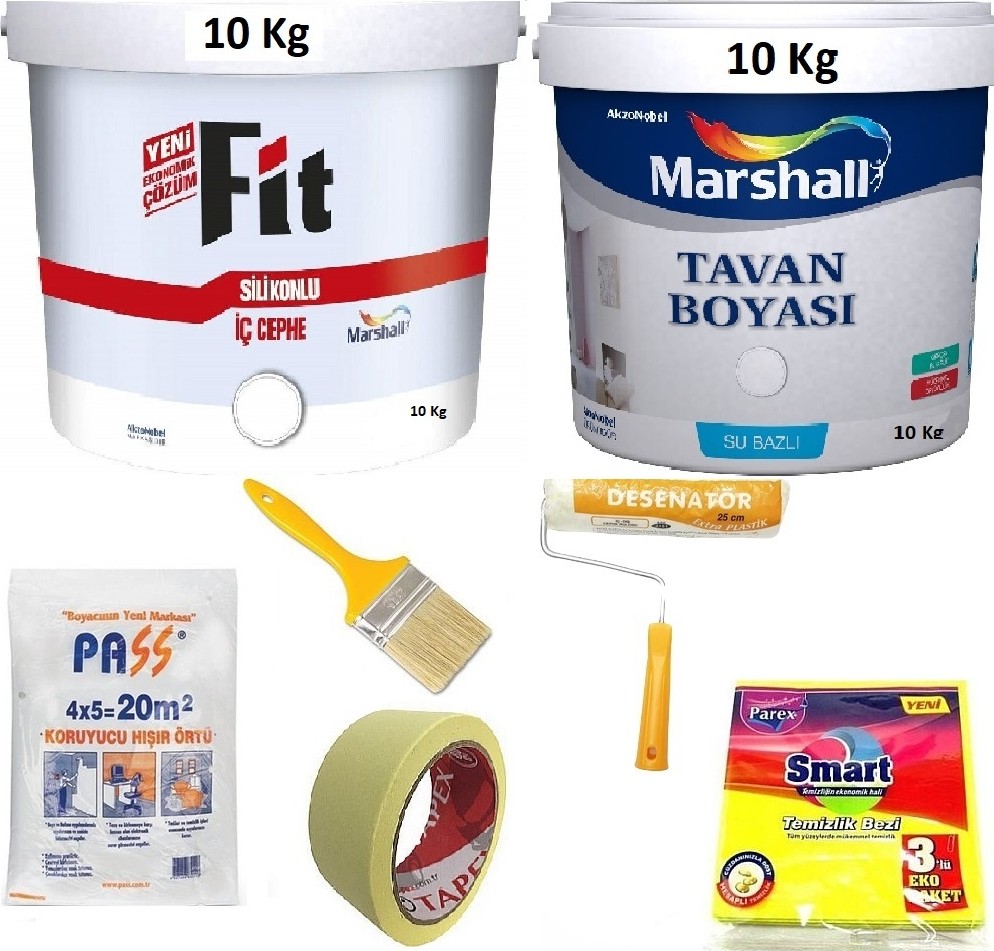 Fit Silikonluı İç Cephe Boyası 10 kg +  Tavan Boyası 10 kg + 5 Parça Boyama Seti