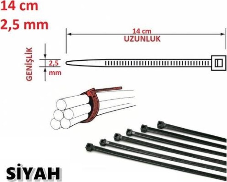 14CM x 2,5mm Plastik Cırt Kelepçe Kablo Bağı Siyah