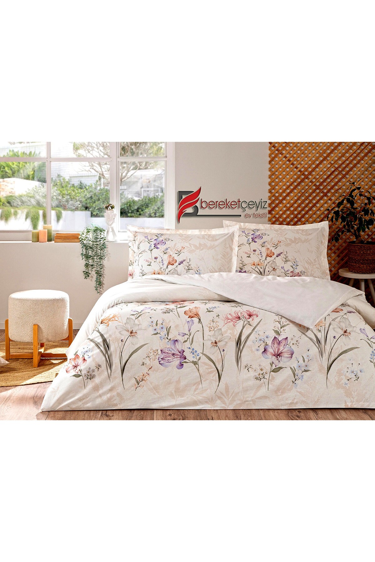 BEREKET ÇEYİZ White Lilly Çift Kişilik Lastikli Çarşaflı Nevresim Takımı