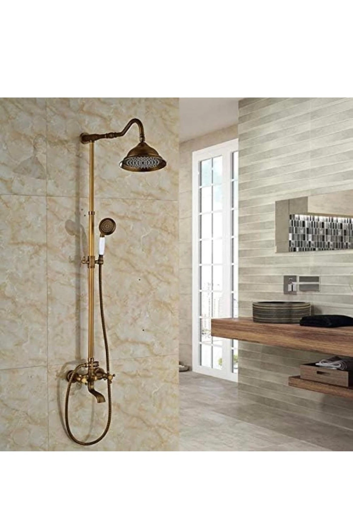 Antik Gold Duş Sistemi Klasik Tasarım Yağmurlama Seti Armatür Dahil Komple Set Mat Gold