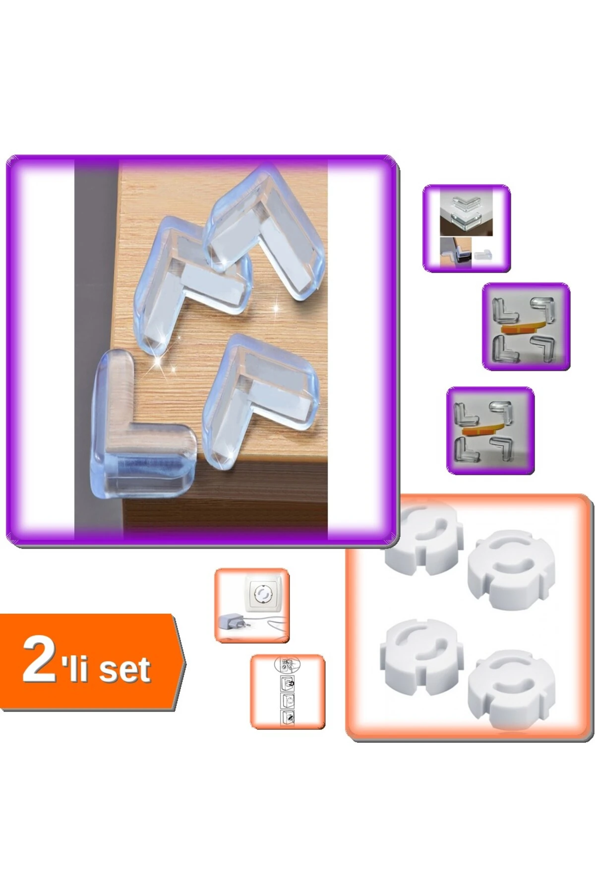 Masa Sehpa Köşe Koruyucu Silikon 12 Adet + Çocuk Koruma Priz Kapağı 4 Adet - 2li Set D1B6V1