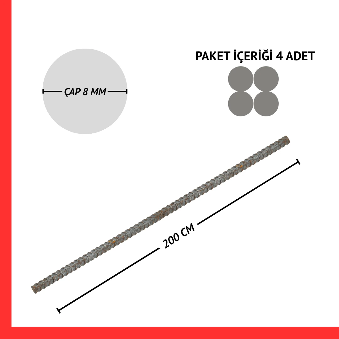 5 Adet x 2 Metre 8 mm Demir Çubuk (Demir Kazık) – Kaynaklanabilir Yuvarlak Demir, Kafes ve Bahçe