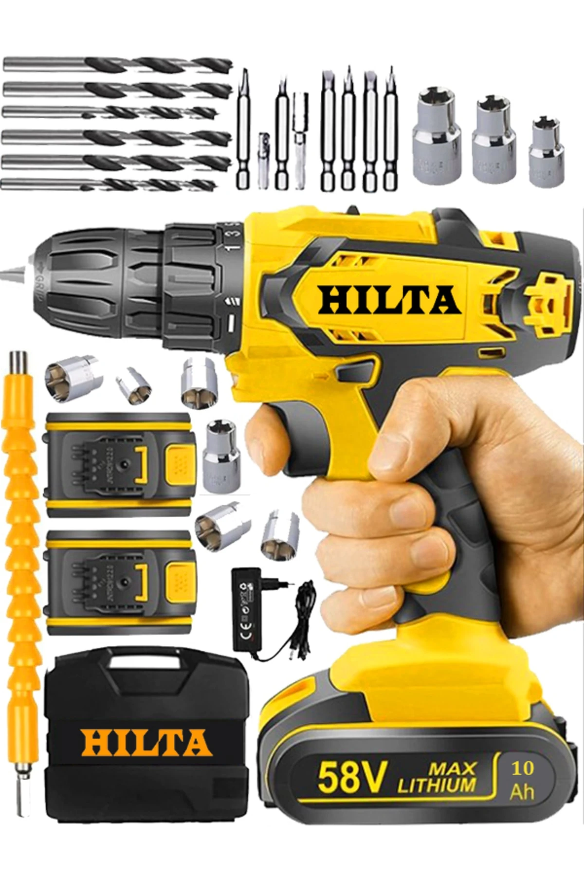 Alman Teknolojisi 58 V 10 Ah Ağır Hizmet Çift Akülü Şarjlı Vidalama Delme Matkap Tam Profesyonel