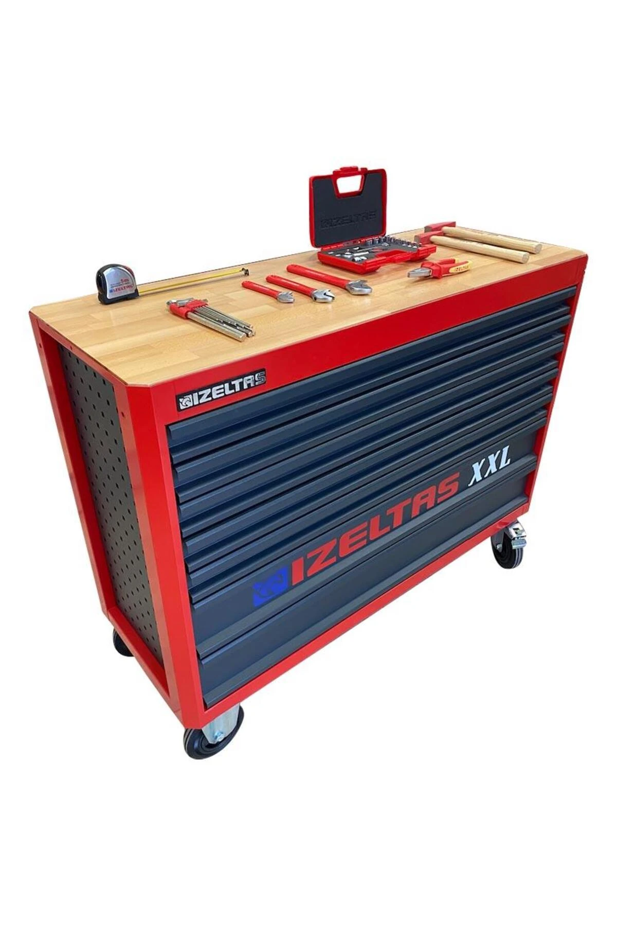 Takım Dolabı Ahşap Üst Tablalı Kırmızı Antrasit xxl (7 Çekmeceli)