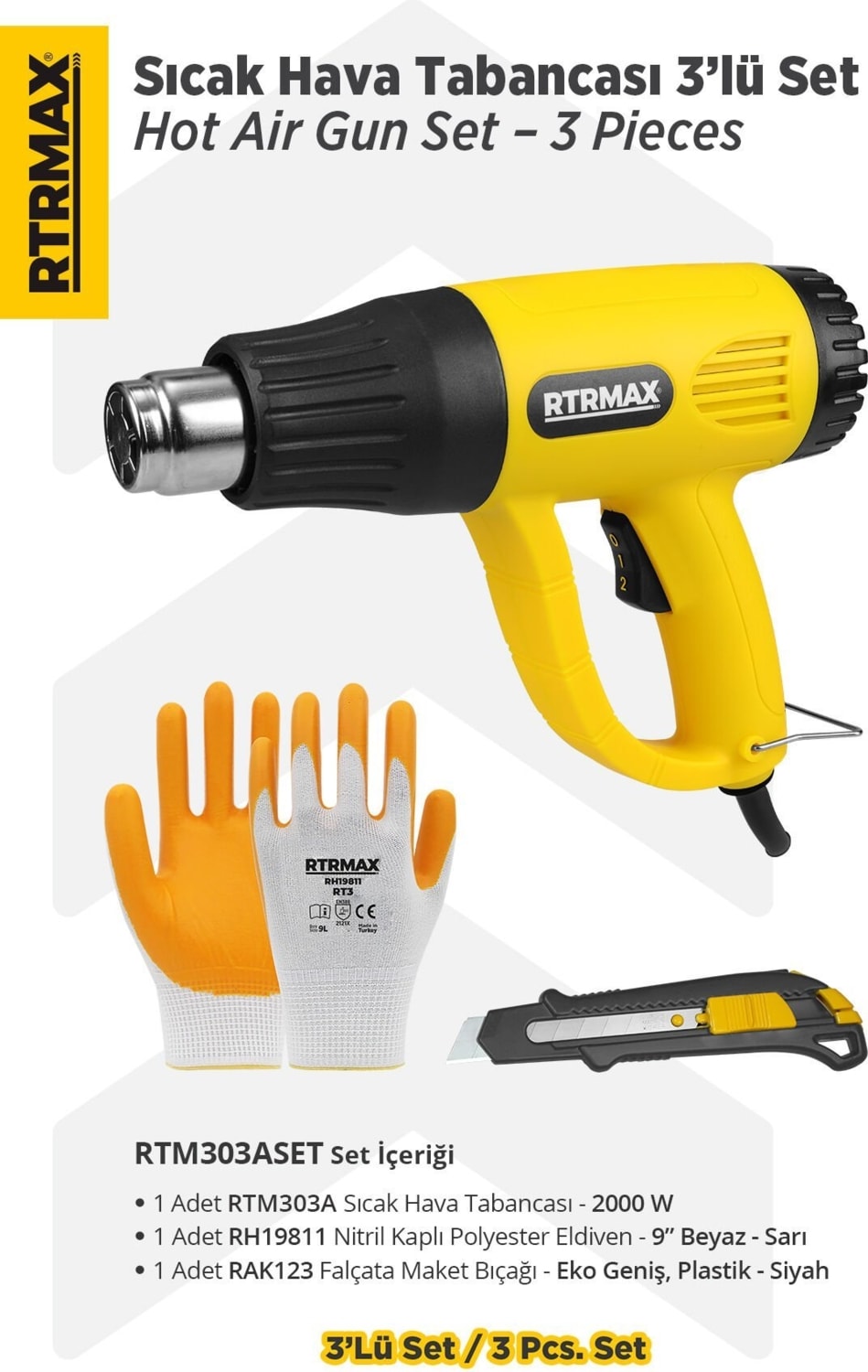RTM303ASET Sıcak Hava Tabancası 2000 W 3'lü Set - Eldiven-Falçata Maket Bıçağı