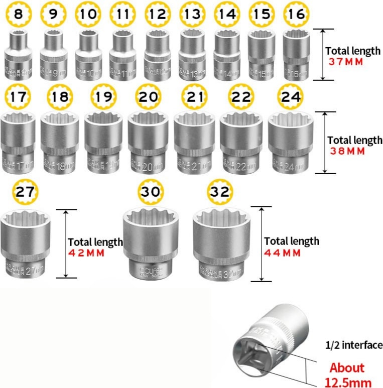 1/2 Yıldız Lokma Takımı 12 Köşeli (8-9-10-11-12-13-14-15-16-17-18-19-20-21-22-24-27-30-32 Mm)