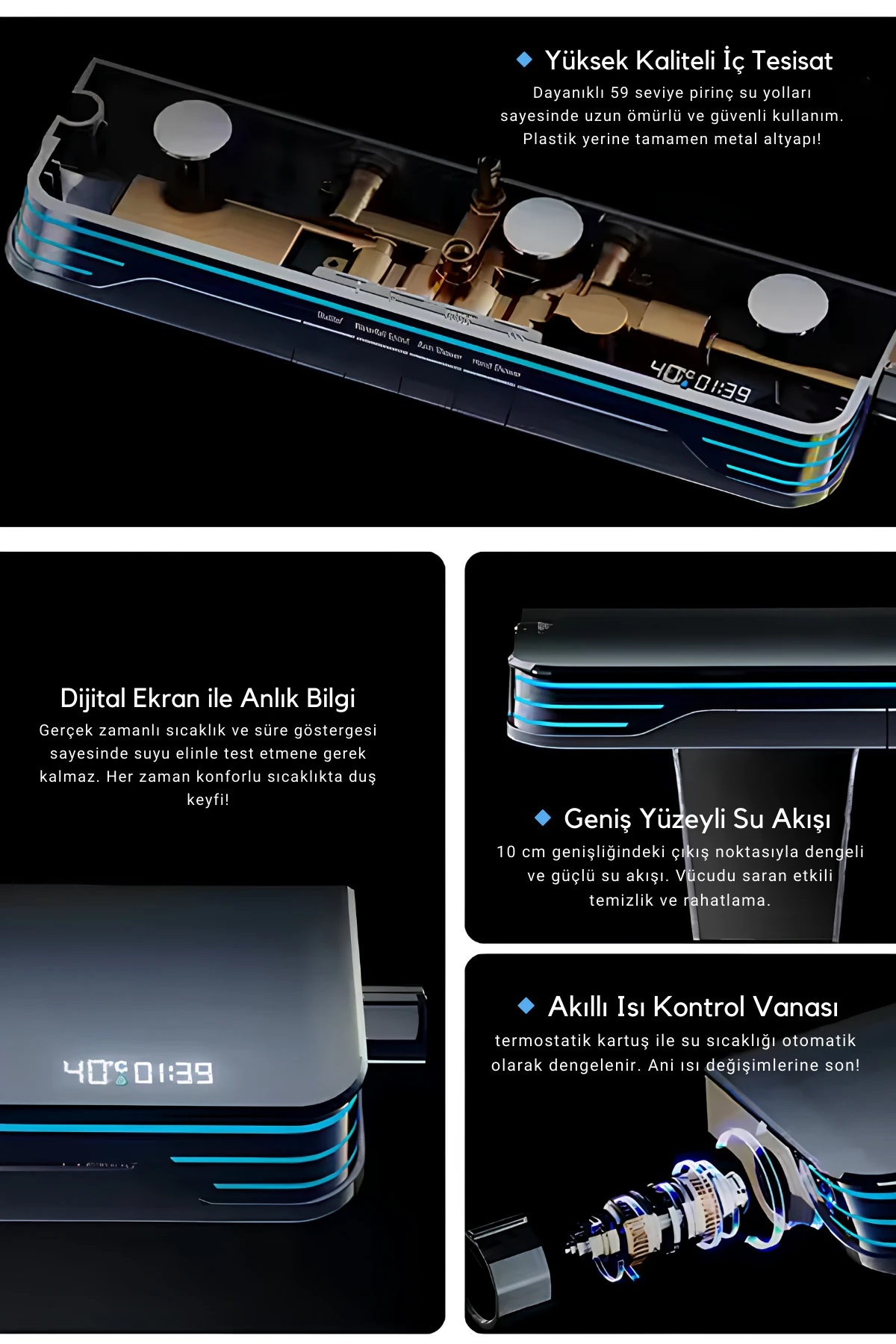 Comfort Akıllı Robot Duş seti - Piyano Dijital Led Göstergeli Termostatik Tepe Duş Seti