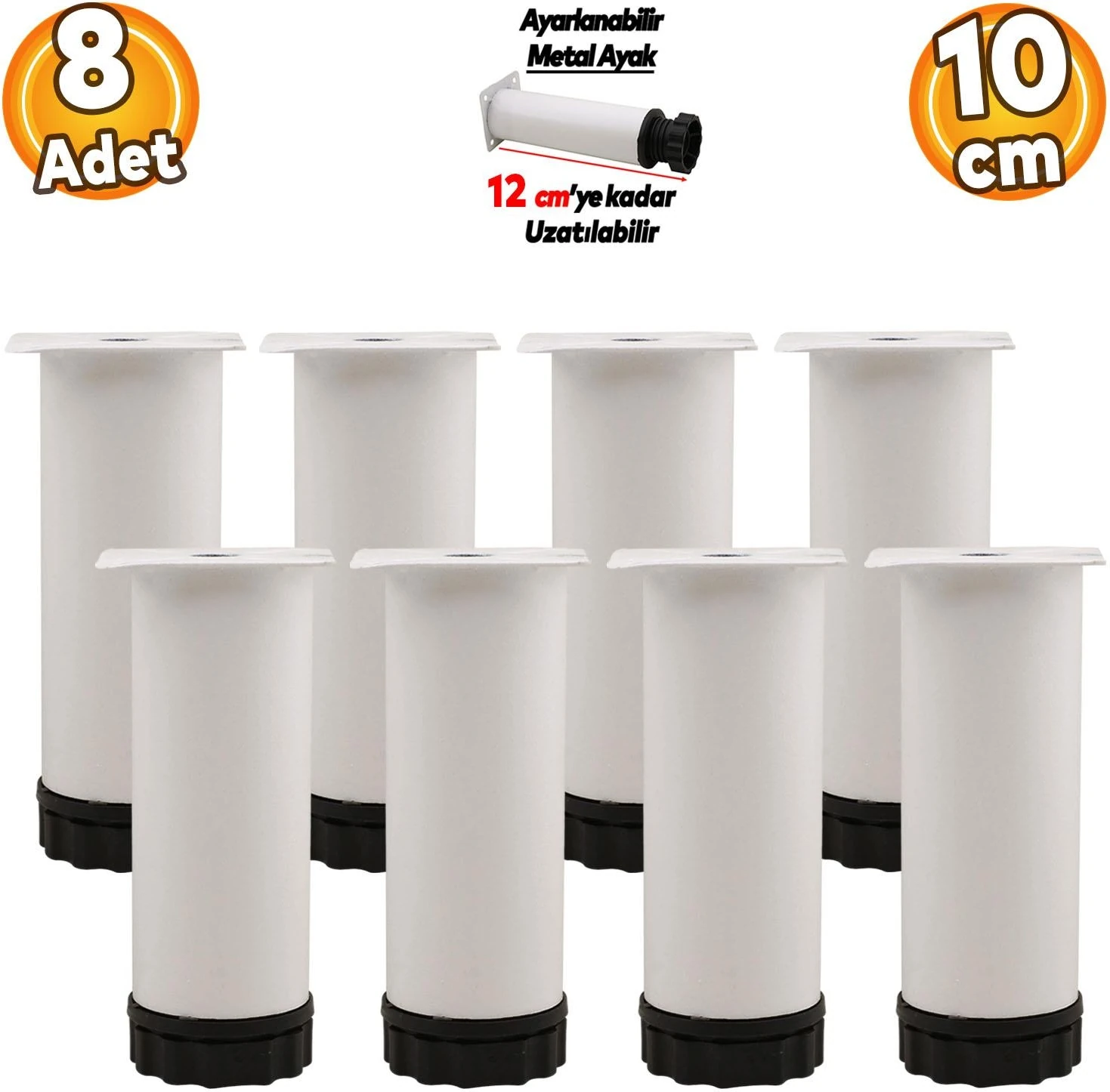 Ayarlanabilir Dolap Mobilya Kanepe Baza Metal Destek Yükseltici Ayağı 10 Cm Beyaz Ayakları 8 Adet