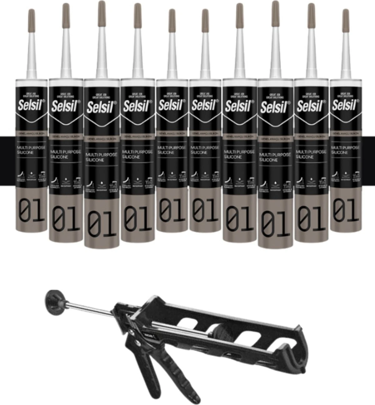 Ga Silikon 280 Gr. Siyah (10 Adet), Plastik Tabanca