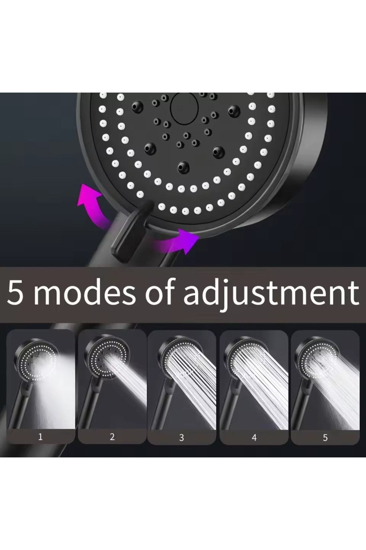 Tayzikli Yüksek Basınçlı Siyah Duş Başlığı Yapışkanlı Duş Mafsalı 150cm Hortumlu Duş Seti