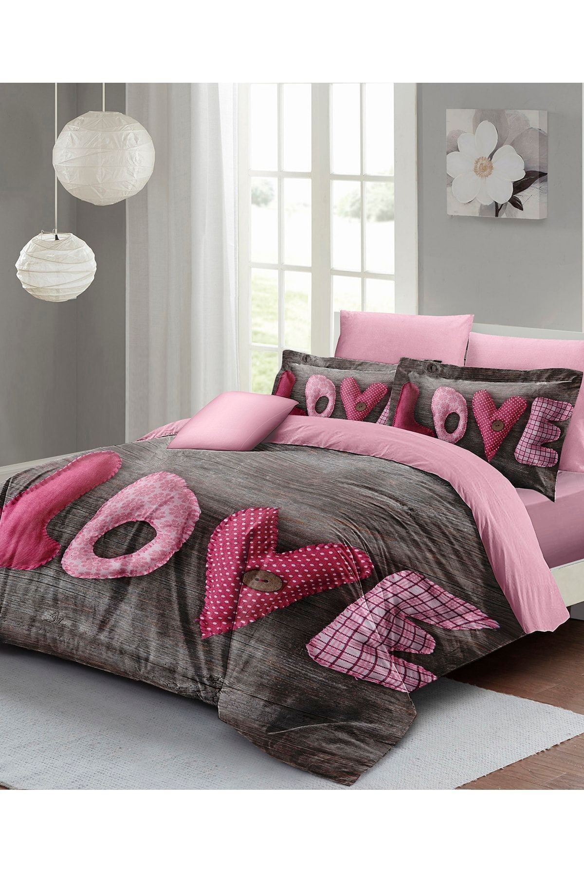 Çift Kişilik Çeyizlik Nevresim Takımı Sık Dokuma Pamuk Saten 3d Sevgililer Günü Love