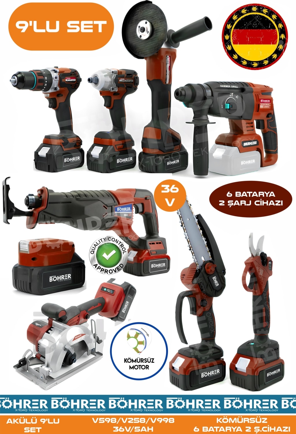 Alman BA01081K 6 Akülü 2 Şarjlı Kömürsüz V598 5AH Profesyonel 9 Makine Kombo Set - Red Kırmızı
