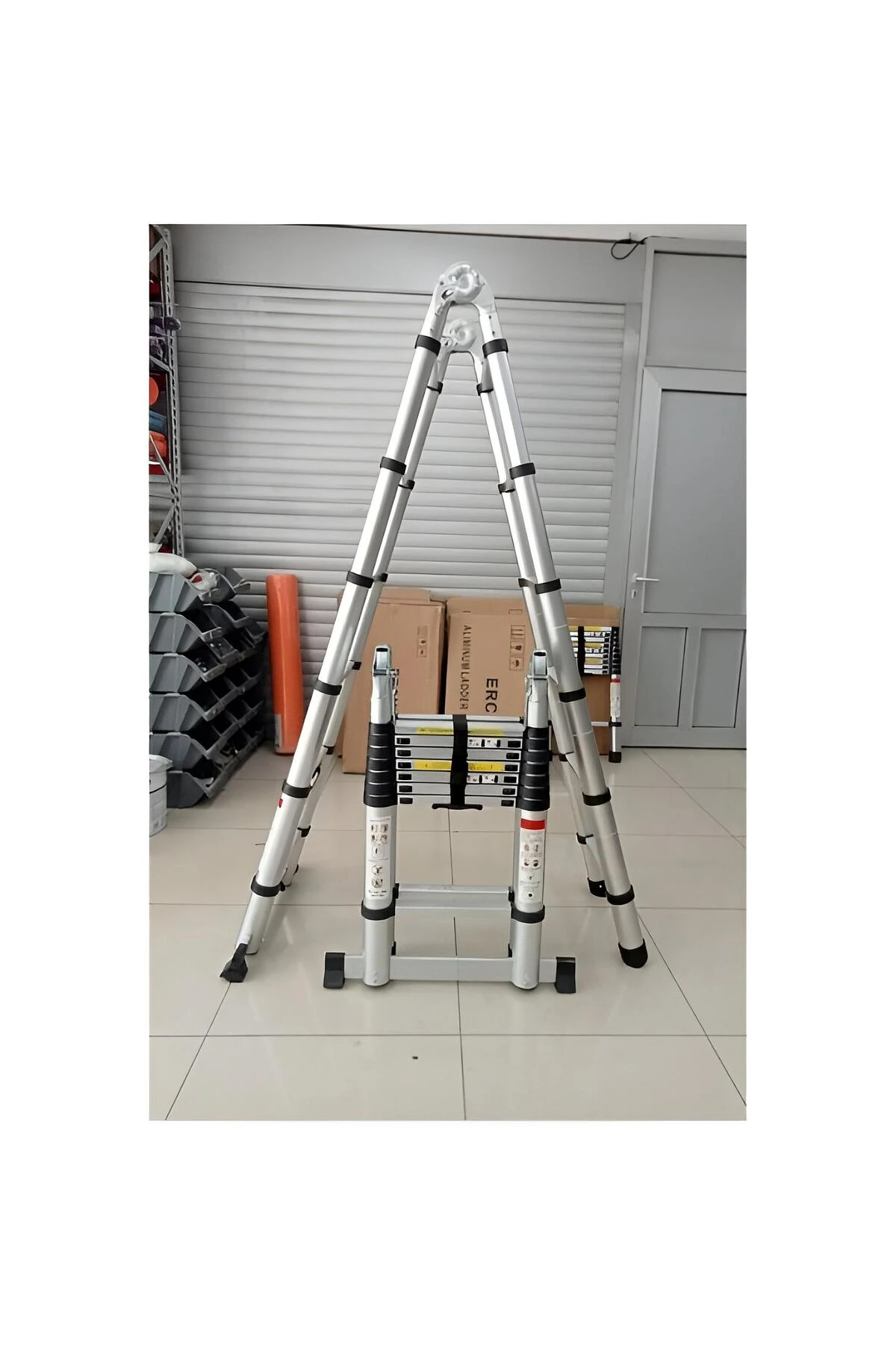 A Tipi Teleskopik Alüminyum Merdiven | 7+7 Basamak 2.2+2.2m Uzayan Kaymaz Güvenli