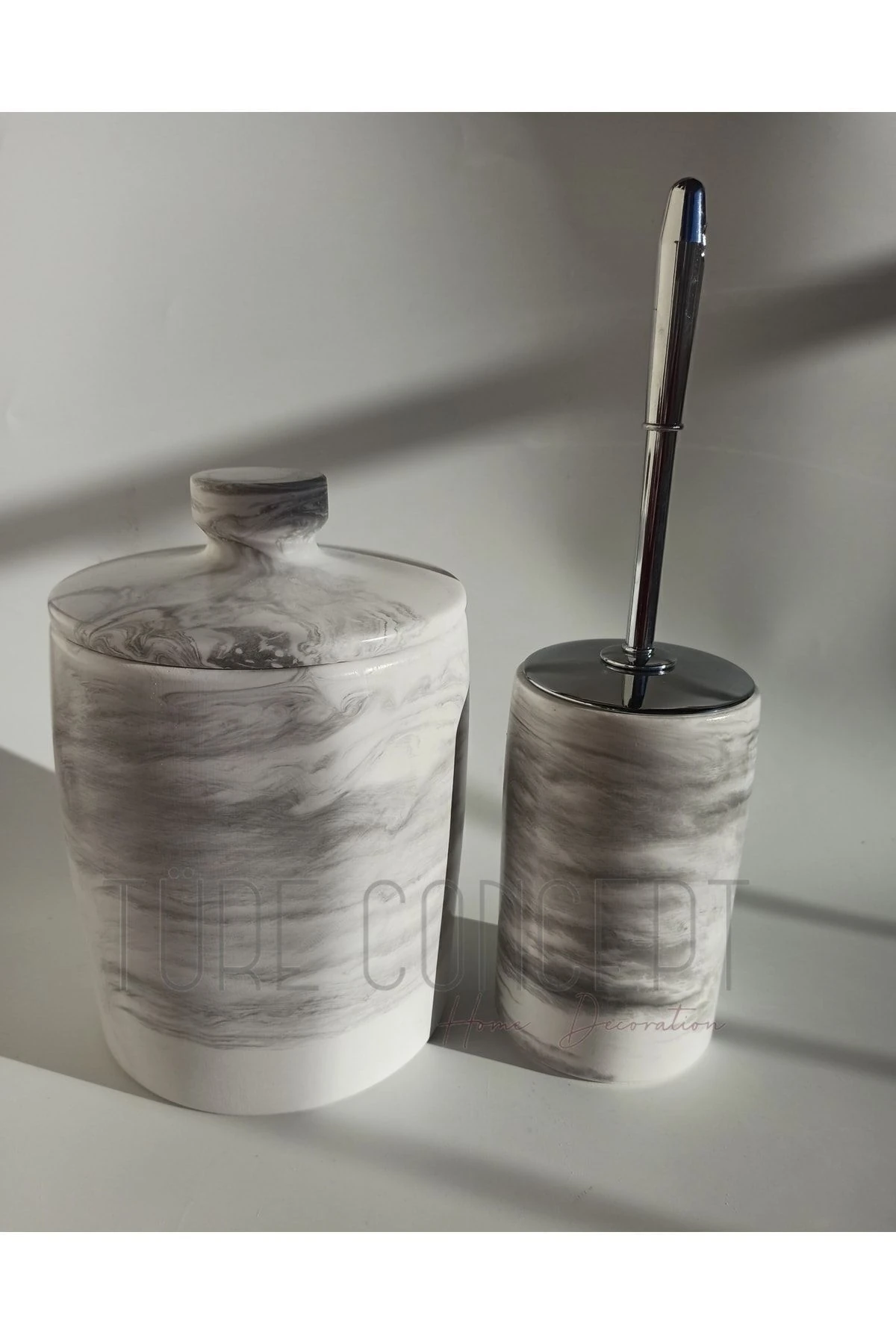 Mermer Görünümlü Banyo Çöp Kova Ve Tuvalet Fırçası