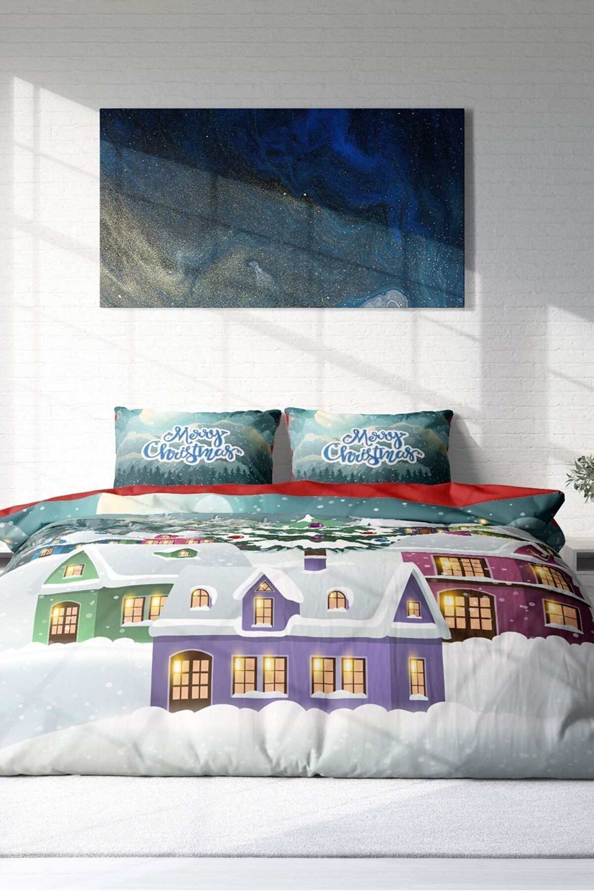 Yılbaşı Nevresim Takım %100 Doğal Pamuk Merry Christmas Çift Kişilik Dream House