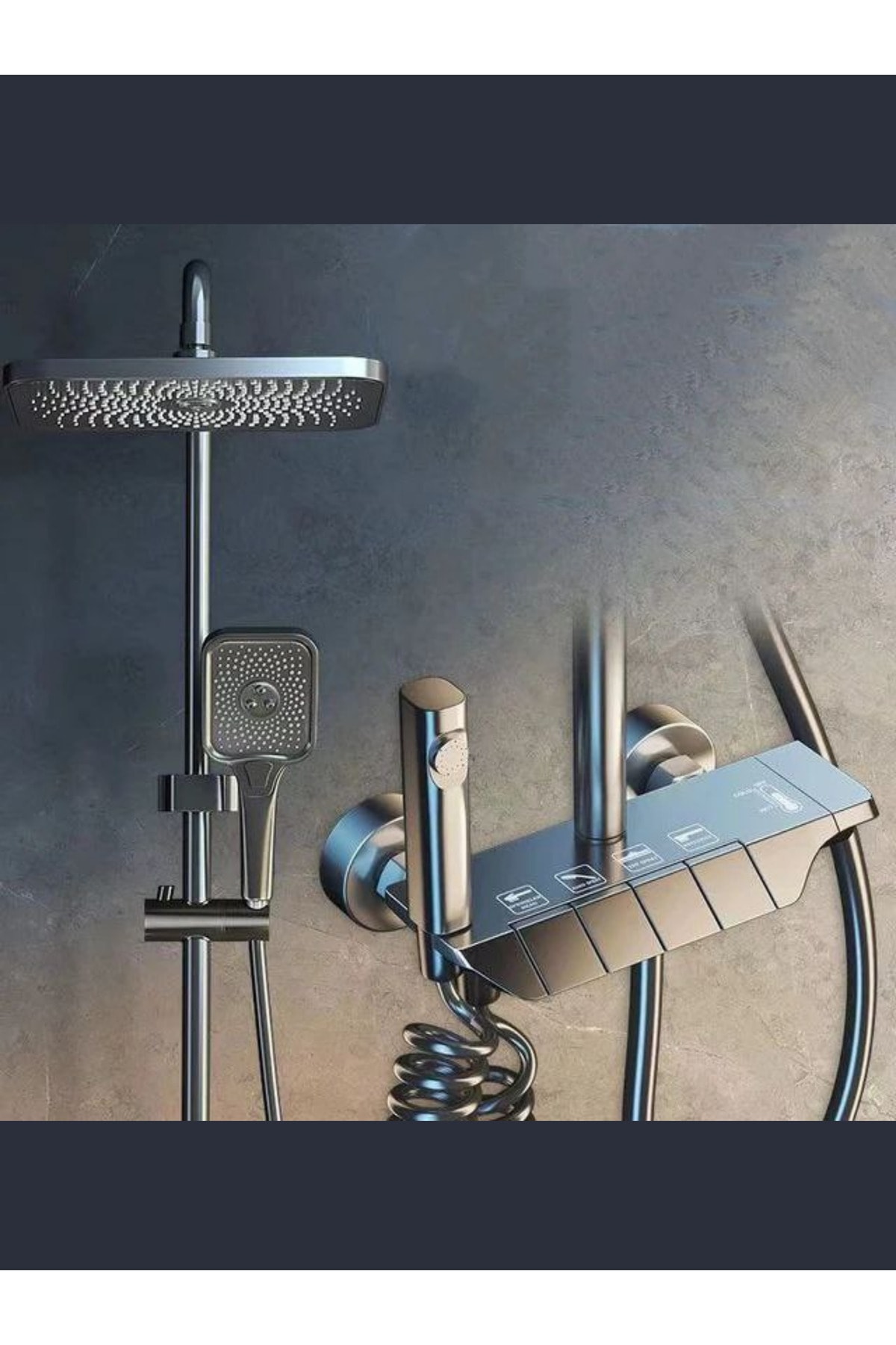 Lüks Piyano Duş Seti | Antrasit Gri Modern Tasarım, Spiral El Duşu Tepe Duş Piyano Tuş Panel