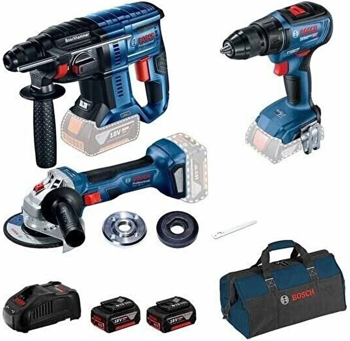 BOSCH Gsr 180 Şarjlı Vidalama + Gws 180 Şarjlı Taşlama + GBH180 Şarjlı Kırıcı Delici + 2 x 4 Ah Akü + 1 Adet Dolm Cihazı