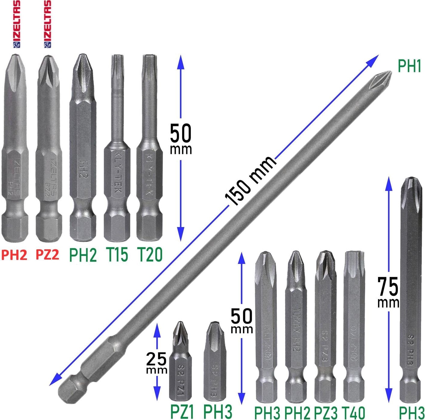 Izeltaş-Klytek Matkap Bits Uç Vidalama Ucu Düz Yıldız Torx Uç (13 Parça)