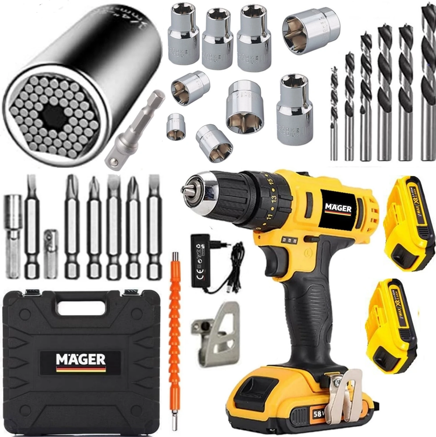 Alman Darbeli Metal Şanzıman 58 Watt 8 Ah Li-Ion Bataryalı Çift Akülü Şarjlı Matkap Gator Grip 2 li Soket Hediye