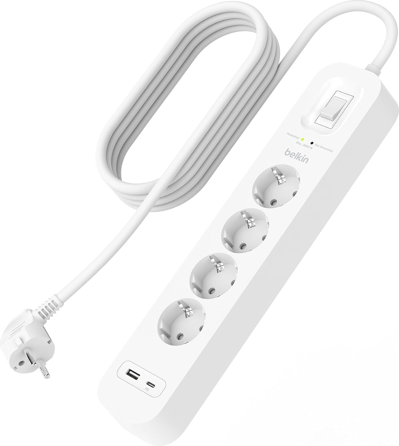 4'lü Çoklu Priz, Yüksek Gerilim Korumalı, Duvara Montaj, 4 Priz, 2 M Güç Kablosu, Yeşil Işıklı Gösterge, Hızlı Şarj Için USB C Pd Li Usb-C ve Usb-A Bağlantısı; 525 Jul Koruma