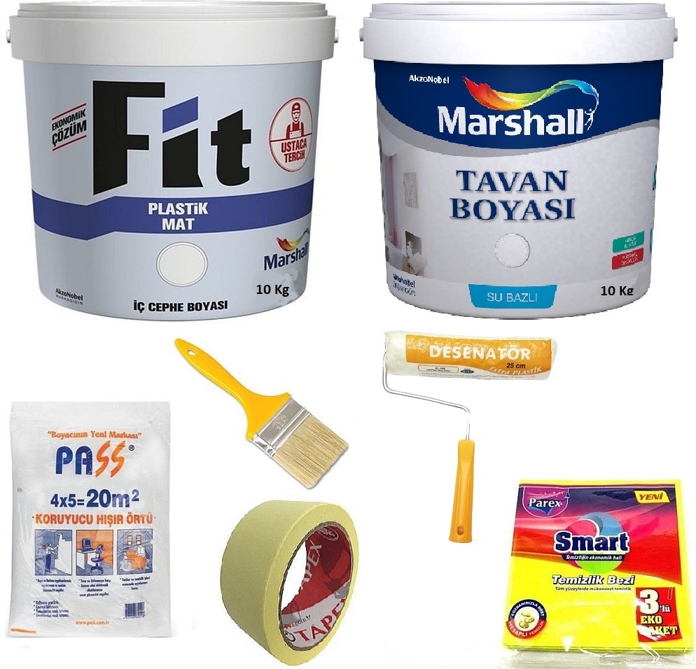 Fit Plastik İç Cephe Boyası 10 kg +  Tavan Boyası 10 kg + 5 Parça Boyama Seti