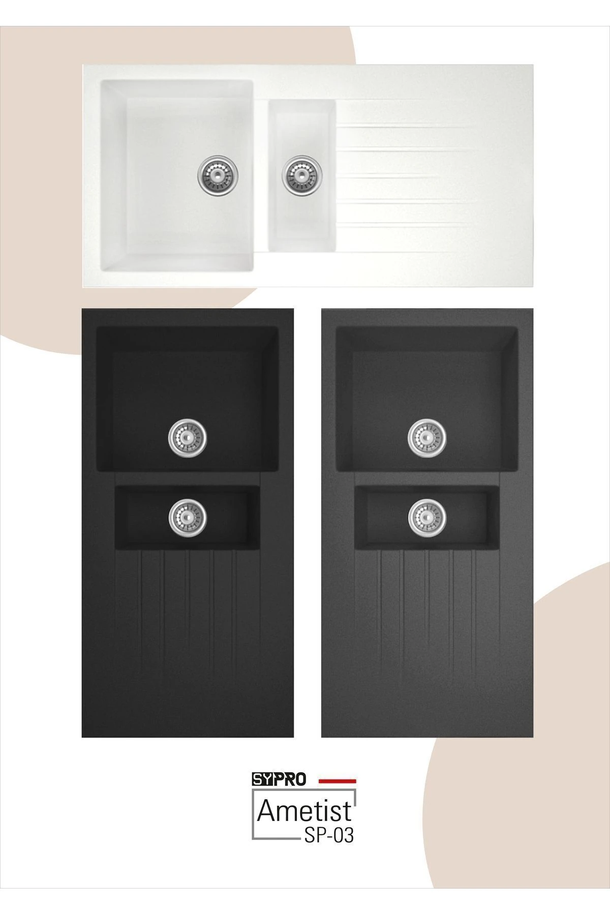 Granit Eviye | Çift Hazne Izgaralı | Beyaz | Ametist Sp--03 | Evye