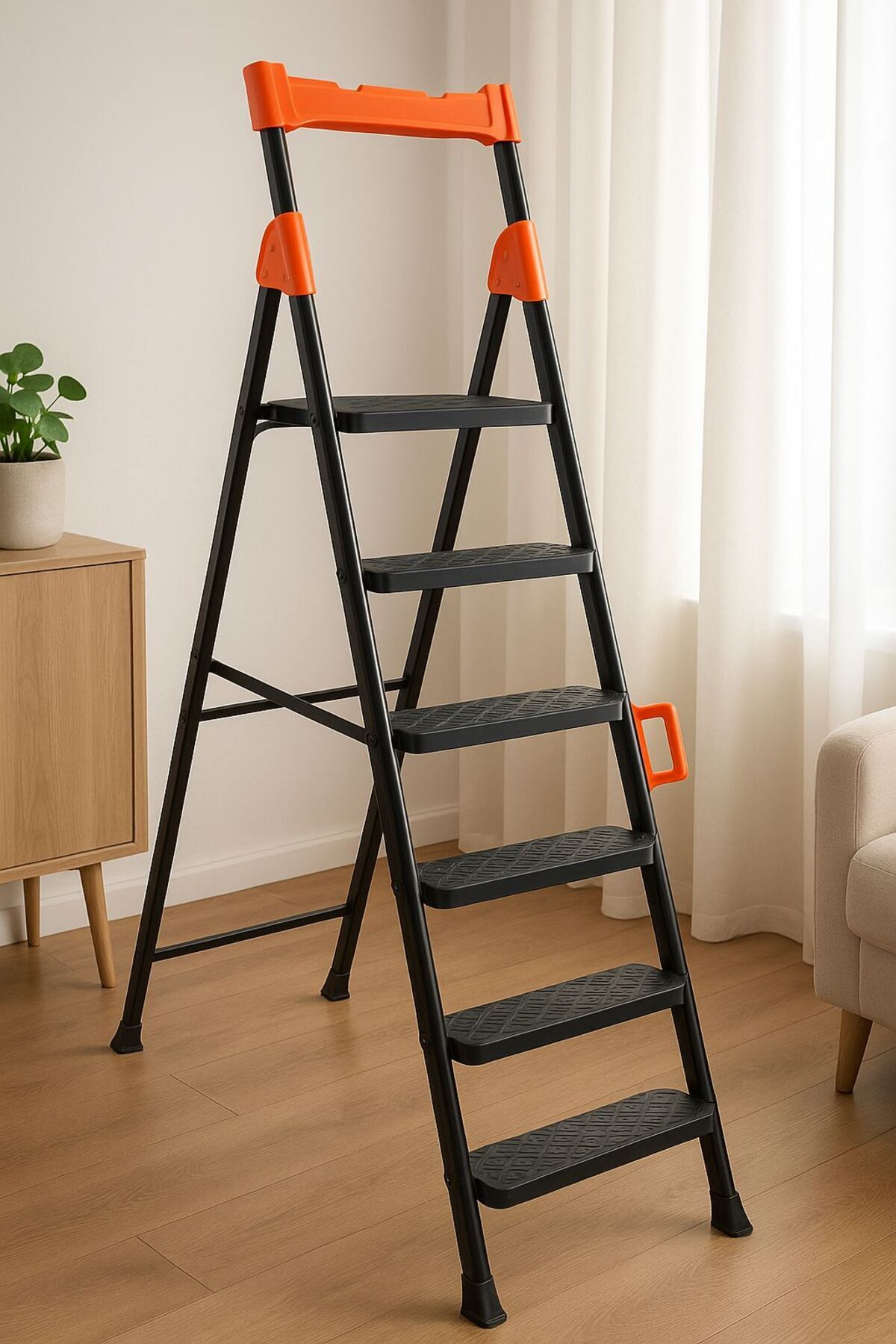 Dayanıklı Metal Merdiven 5+1 Siyah Geniş Basamaklı Ev Ve iş Merdiveni