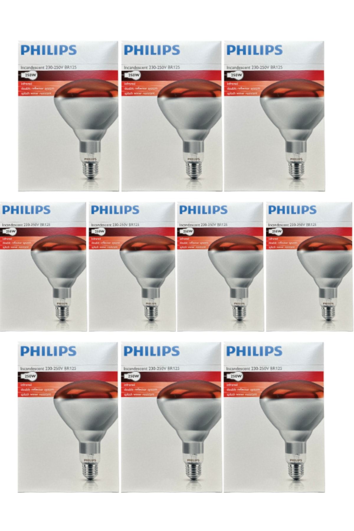 (10 Adet) 250W Kızılötesi (infrared) Hayvan Isıtma ve Fizik Tedavi Lambası (Kırmızı Işık)