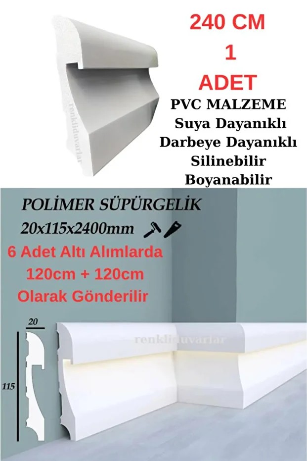 Polimer Lake Beyaz Ledli Süpürgelik 11.5cm x 240cm 1 Adet Salon Ev Ofis Koridor Parke Süpürgelik