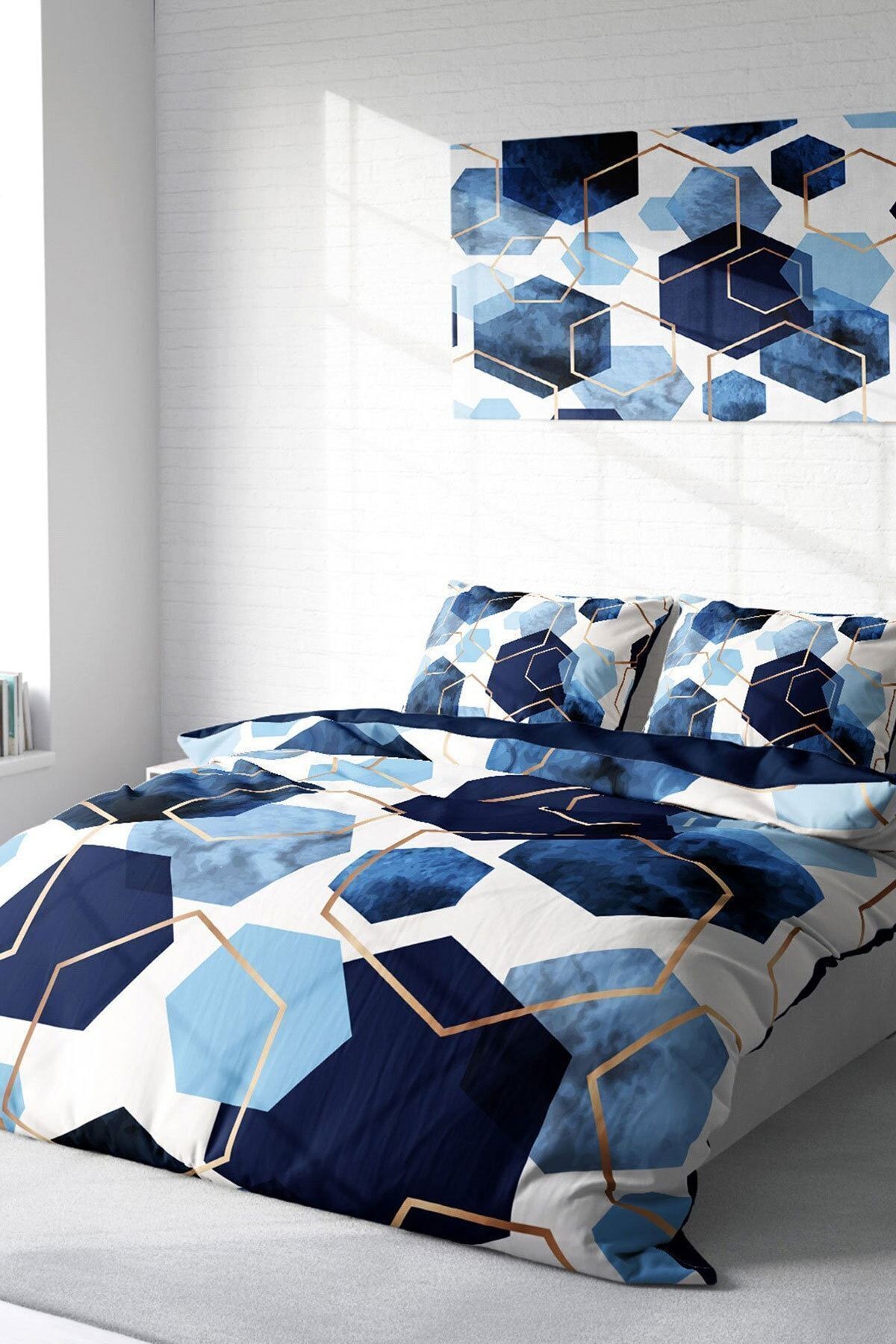 Nevresim Takımı %100 Doğal Pamuk Çift Kişilik 3d Digital Blue Hexagon