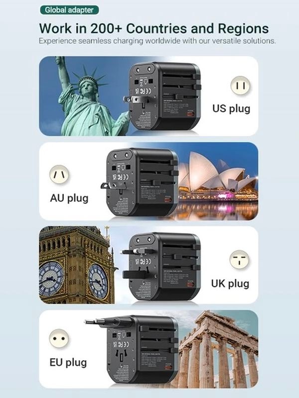 Fc-22 200+ÜLKE 45W Global Seyahat Şarj Aleti - 2 Usb-A, 3 Type-C, 1 Ac Priz Adaptörü Çoğaltıcı