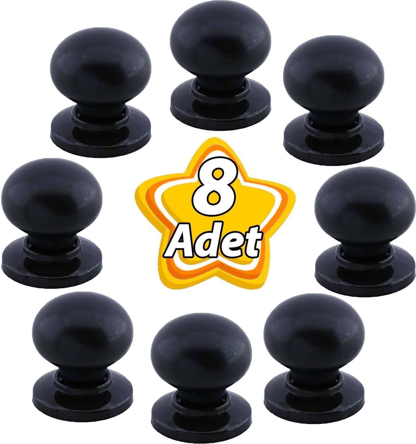8 Adet Petunya Kulp Siyah Polimer Düğme Kulp Siyah Tablalı Mobilya Mutfak Dolabı Çekmece Kulbu