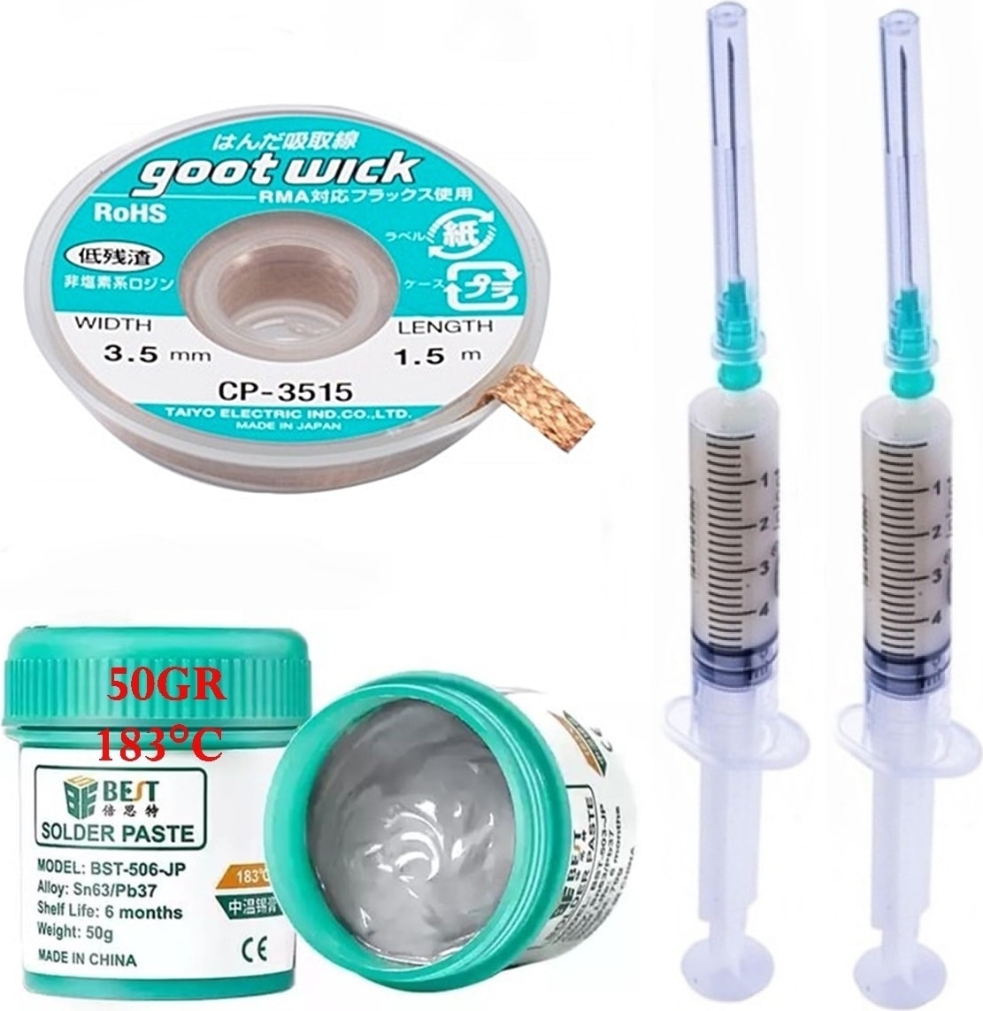 Solder BST-509 Krem Lehim/ Best 50G Sıvı Lehim ve Flux Lehim Toplama Seti 3,5mm 4lü
