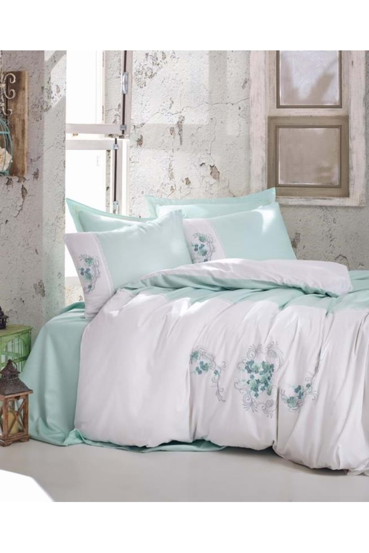 Cottonbox Brode Saten Çift Kişilik Nevresim Takımı Lena Mint