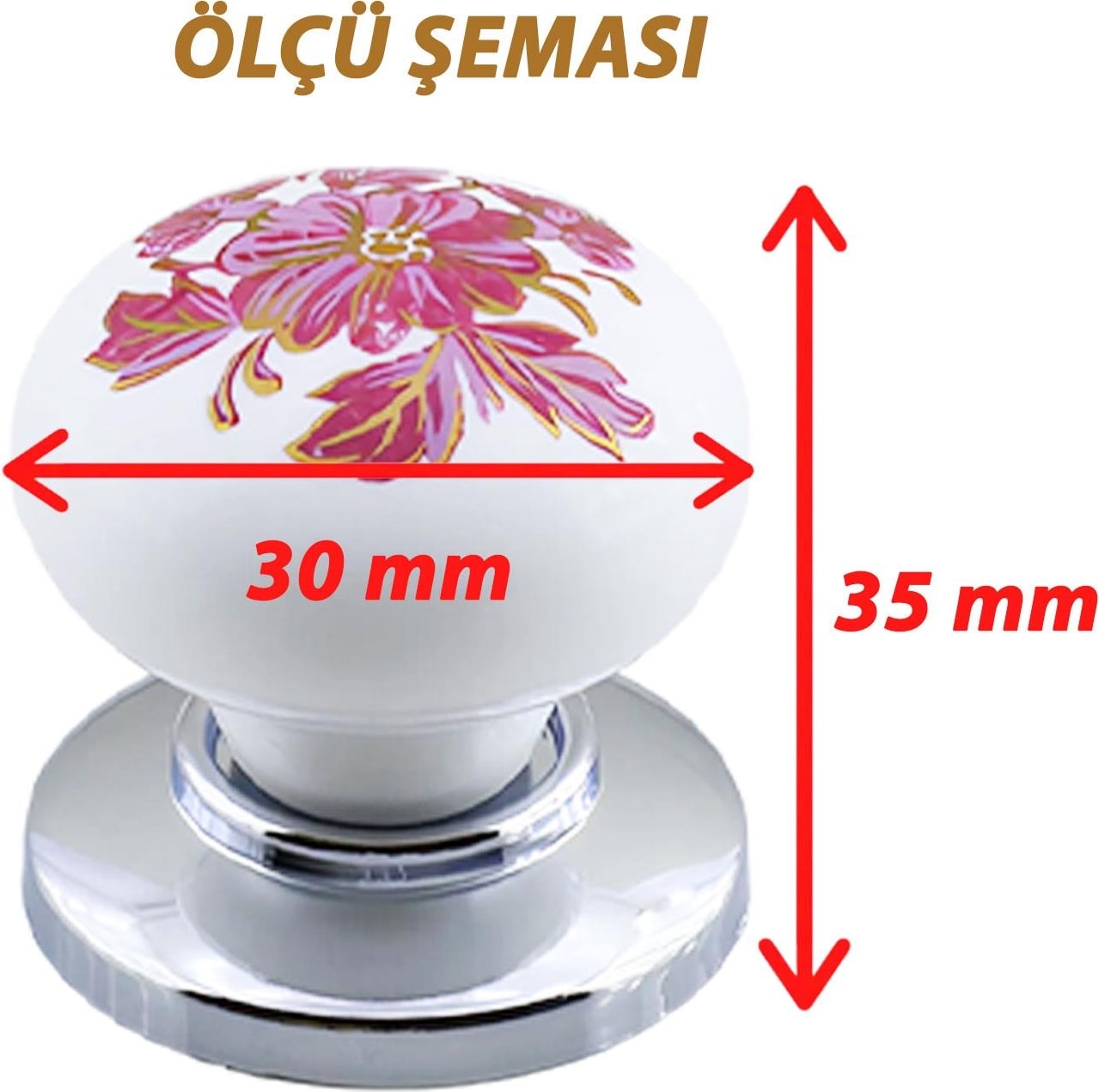 8 Adet Pembe Beyaz Ortanca Çiçek Desenli Krom Tablalı Polimer Düğme Kulp Mobilya Mutfak Dolabı Çekmece Kulpları