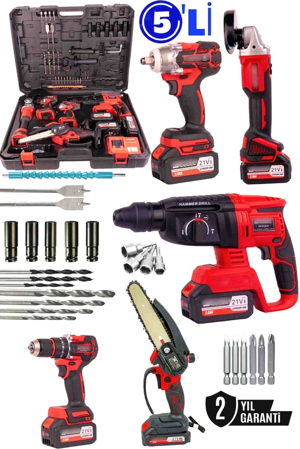 Akülü 5'li Set Kırıcı Delici Hilti Taşlama Somun Sıkma Vidalama Budama Kırmızı Renk