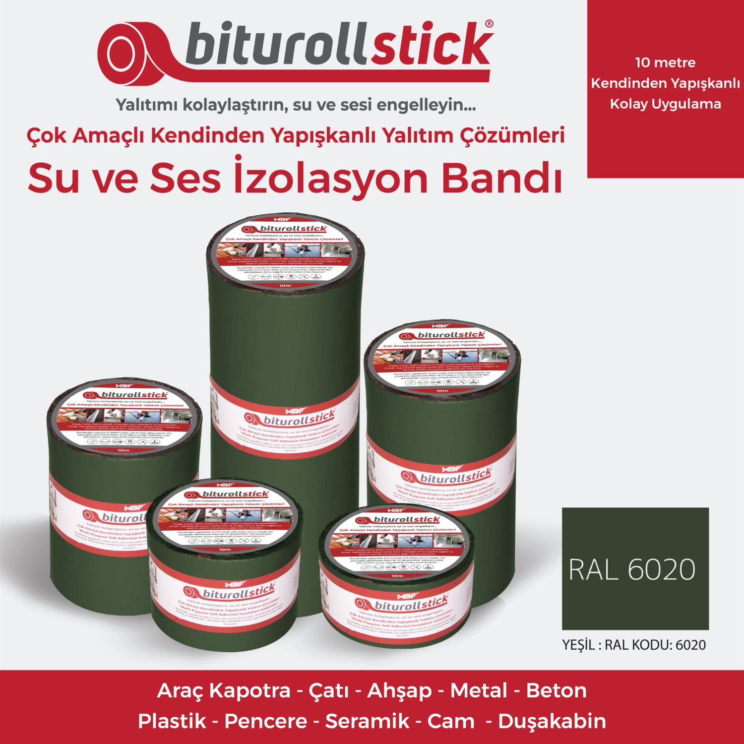 1.50 mm 10 cm Yeşil 10 mt - Yapışkanlı Su Yalıtımı ve Ses Yalıtım Bandı