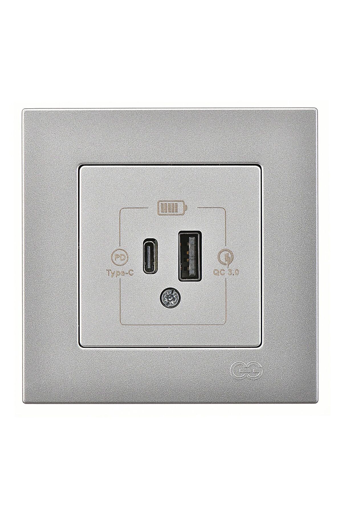 Eqona Gümüş Şarj Prizi 20W QC3.0 PD Type-C + USB Çift Çıkışlı