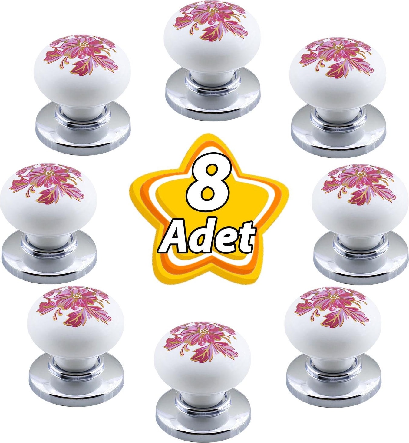 8 Adet Pembe Beyaz Ortanca Çiçek Desenli Krom Tablalı Polimer Düğme Kulp Mobilya Mutfak Dolabı Çekmece Kulpları